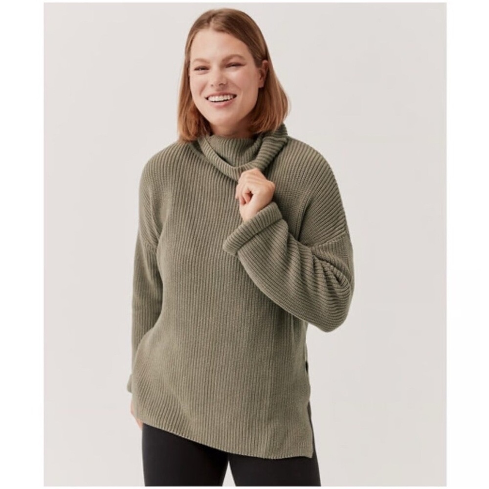 PACT Fisherman Chunky Turtleneck Ribbed Sweater Organic Olive Green M